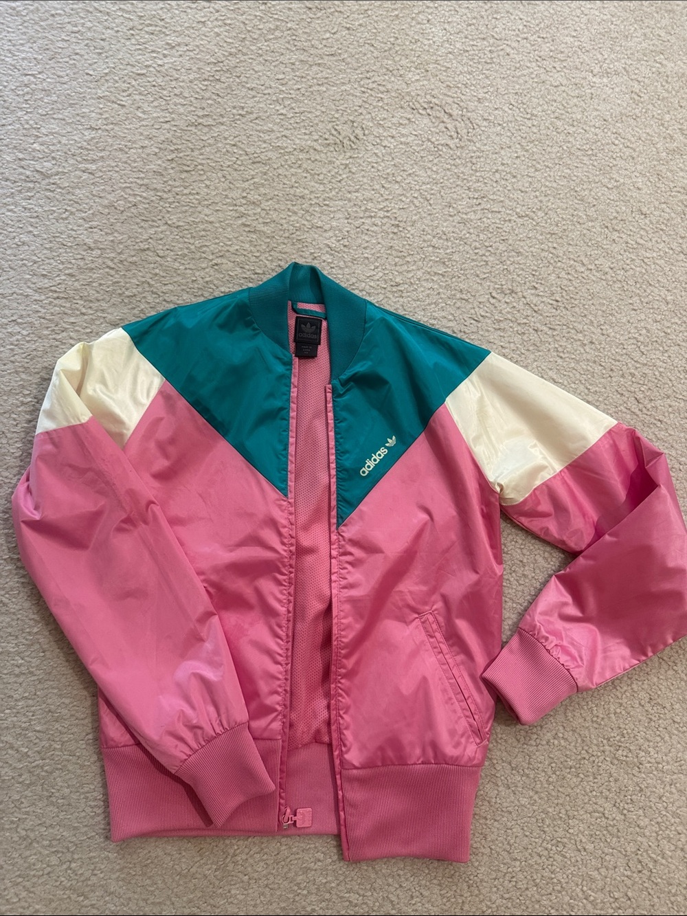 adidas Pink Teal Cream Colorblock Bomber Jacket